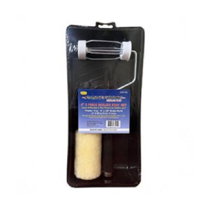 The PAINT-FORCE 33175 4 in. 3-Piece Roller Tray Set by PAINT FORCE is shown on a white background, providing all essentials for your painting project, with each component precisely organized for professional results.